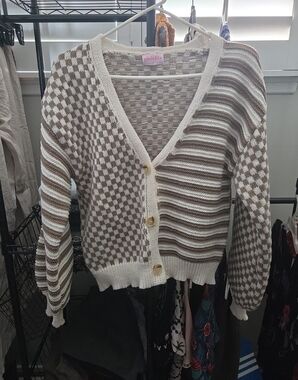 Pink Lily Cream & Brown Striped and Checkered V-Neck Cardigan